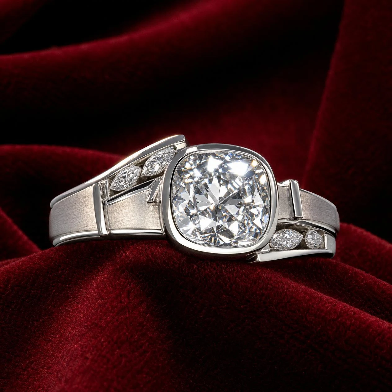 Fiore di Perla, 2.28 ct tw cushion lab grown diamond ring in 18K white gold (front view)