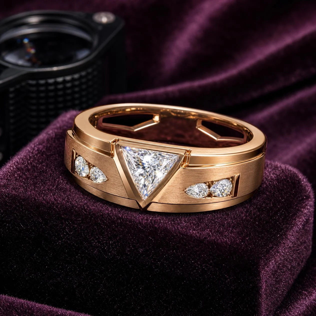 Duca Indomito, 1.52 ct tw trillion lab grown diamond men’s ring in rose gold (front view)
