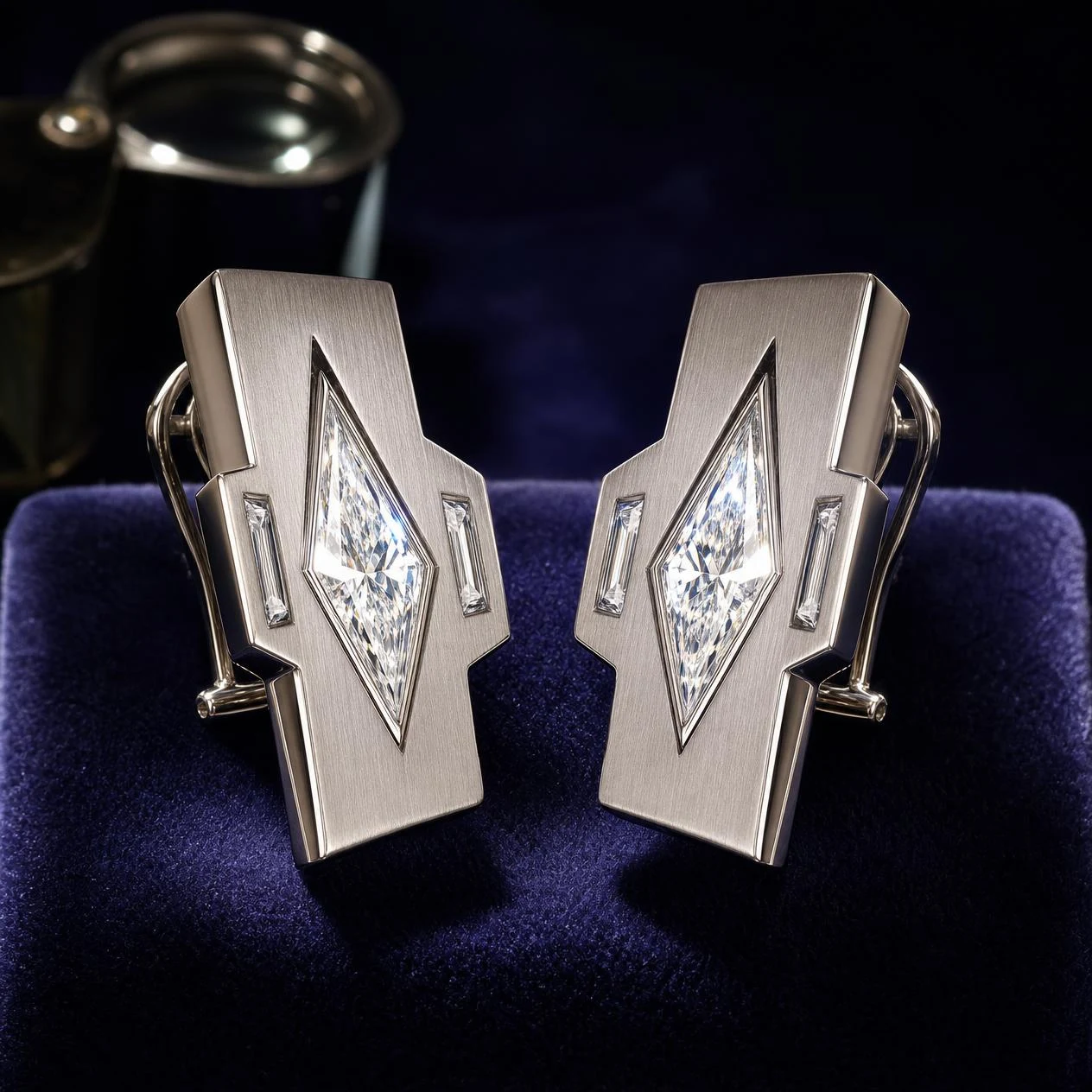 Marchese Eterno, 3.2 ct tw kite lab grown diamond men’s earrings in 18K white gold (front view)