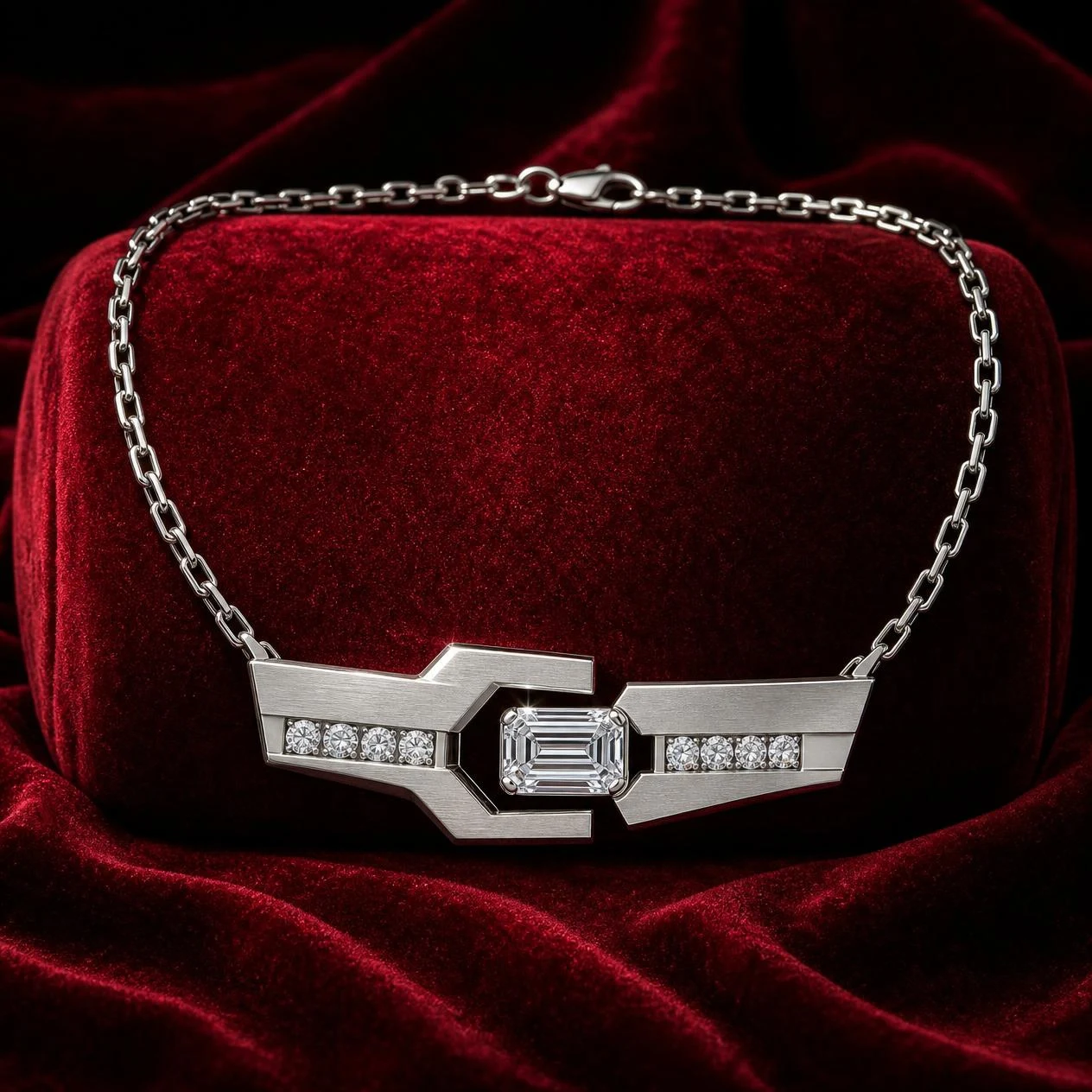 Scoglio Audace, 2.48 ct tw emerald lab grown diamond men’s necklace in 18K white gold (front view)