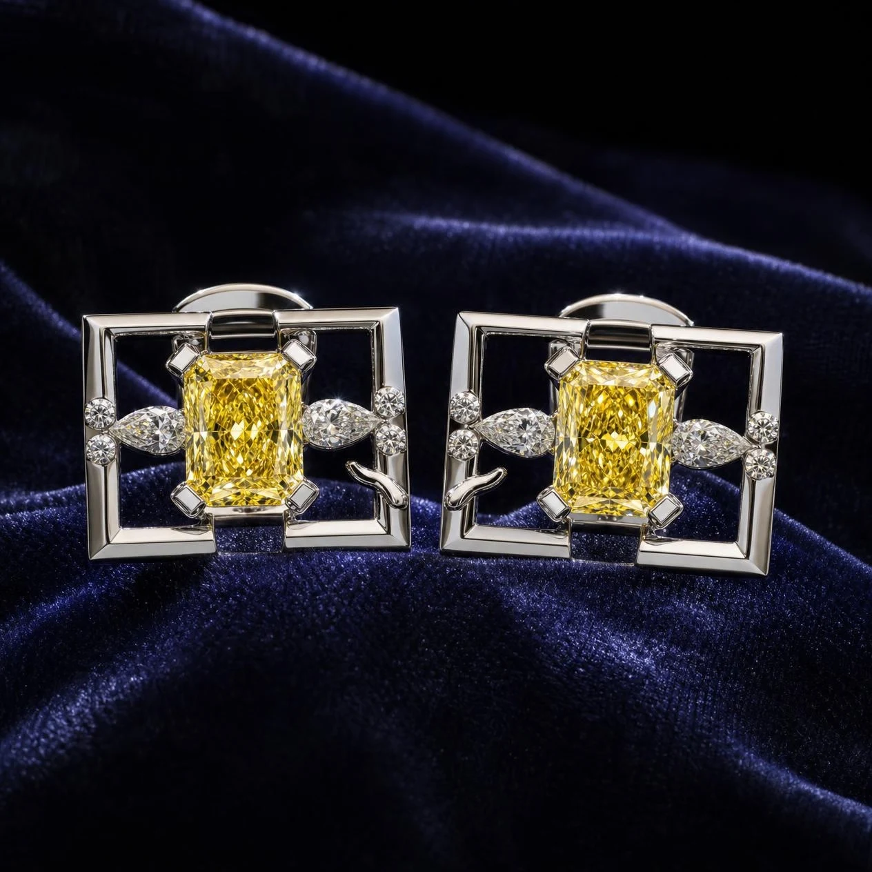 Onda d'Aube, 4.92 ct tw radiant lab grown diamond earrings in 18K white gold (front view)