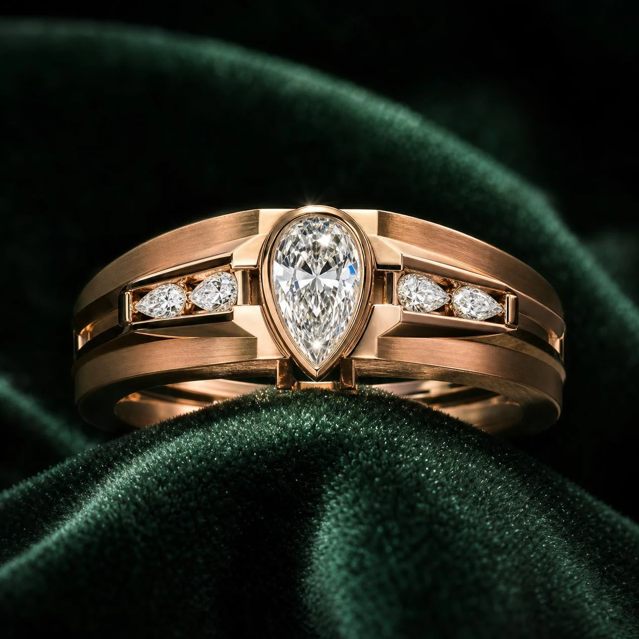 Baluardo del Sud, 1.48 ct tw pear lab grown diamond men’s ring in rose gold (front view)
