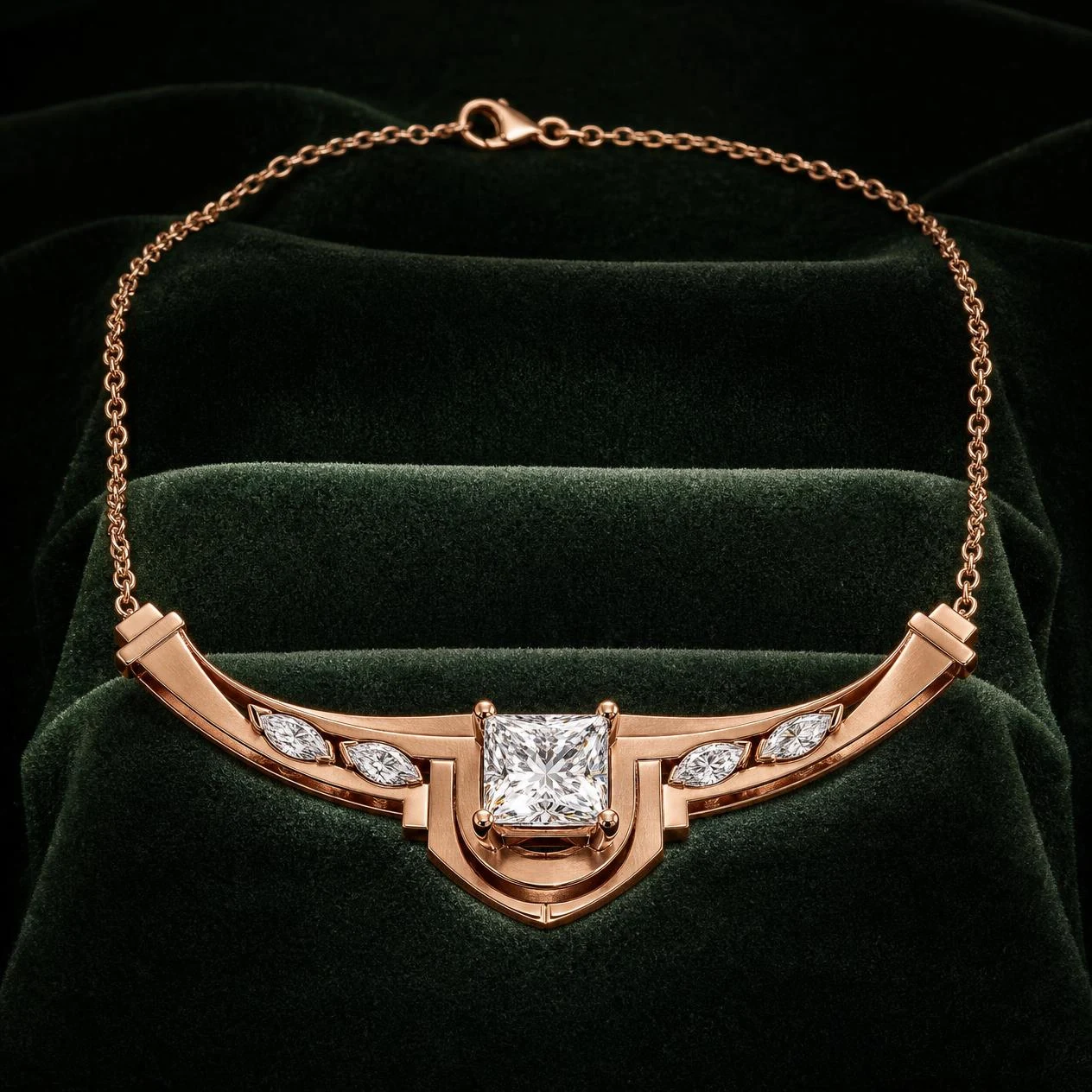 Galassia Infinie, 2.62 ct tw princess lab grown diamond necklace in rose gold (front view)