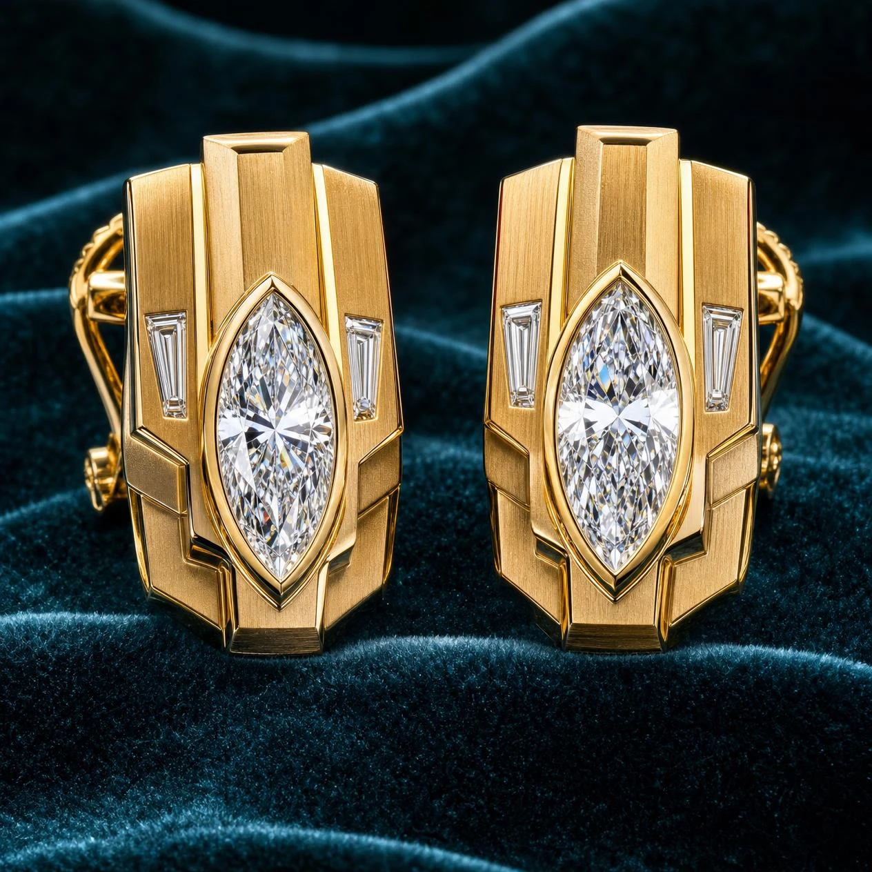 Platino Eterno, 5.2 ct tw marquise lab grown diamond men’s earrings in 18K yellow gold (front view)
