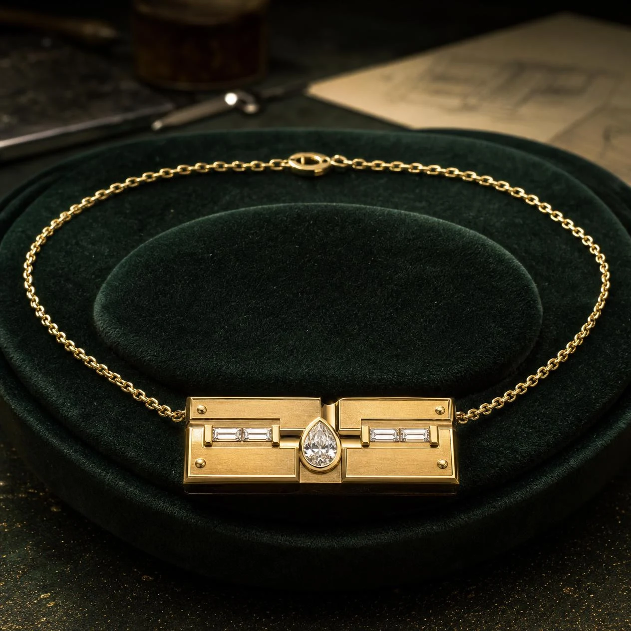 Console Vigile, 1.38 ct tw pear lab grown diamond men’s necklace in 18K yellow gold (front view)