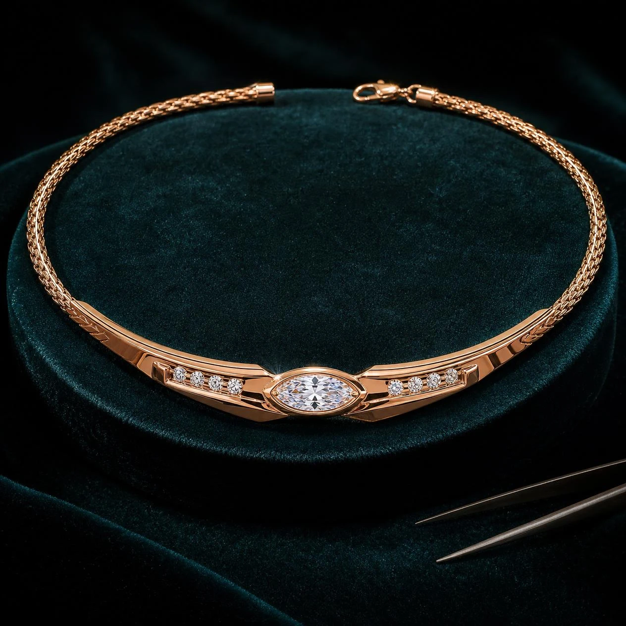 Mimosa di Perla, 1.42 ct tw marquise lab grown diamond necklace in rose gold (front view)