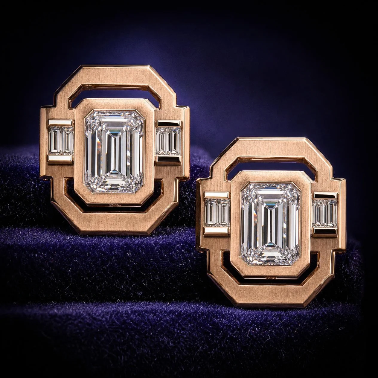 Riva Voilée, 5.4 ct tw emerald lab grown diamond earrings in rose gold (front view)