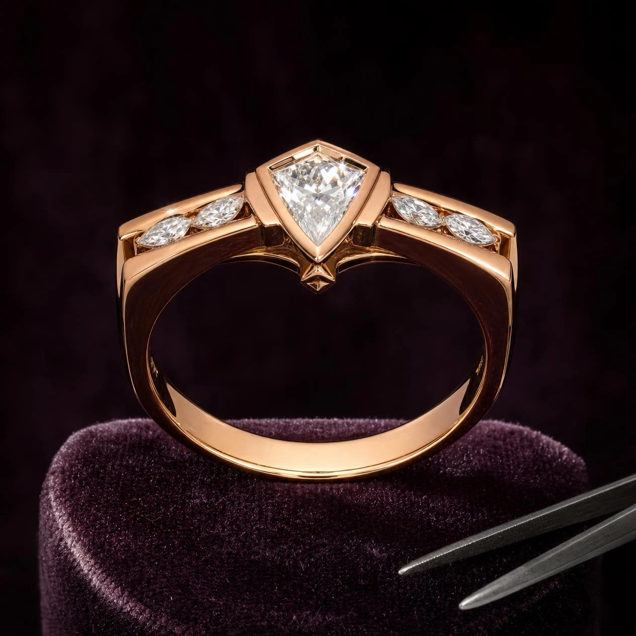 Orchidea d'Oro, 1.72 ct tw kite lab grown diamond ring in rose gold (front view)