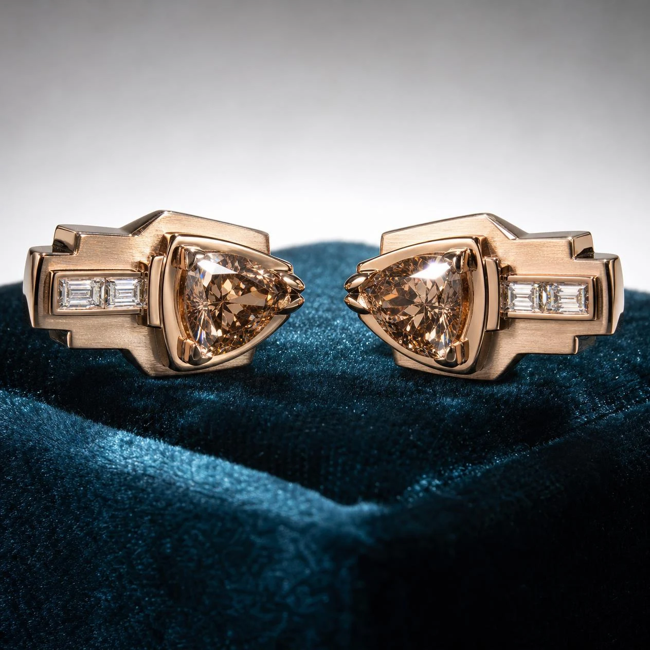 Bastione di Platino, 3.04 ct tw trillion lab grown diamond men’s earrings in rose gold (front view)