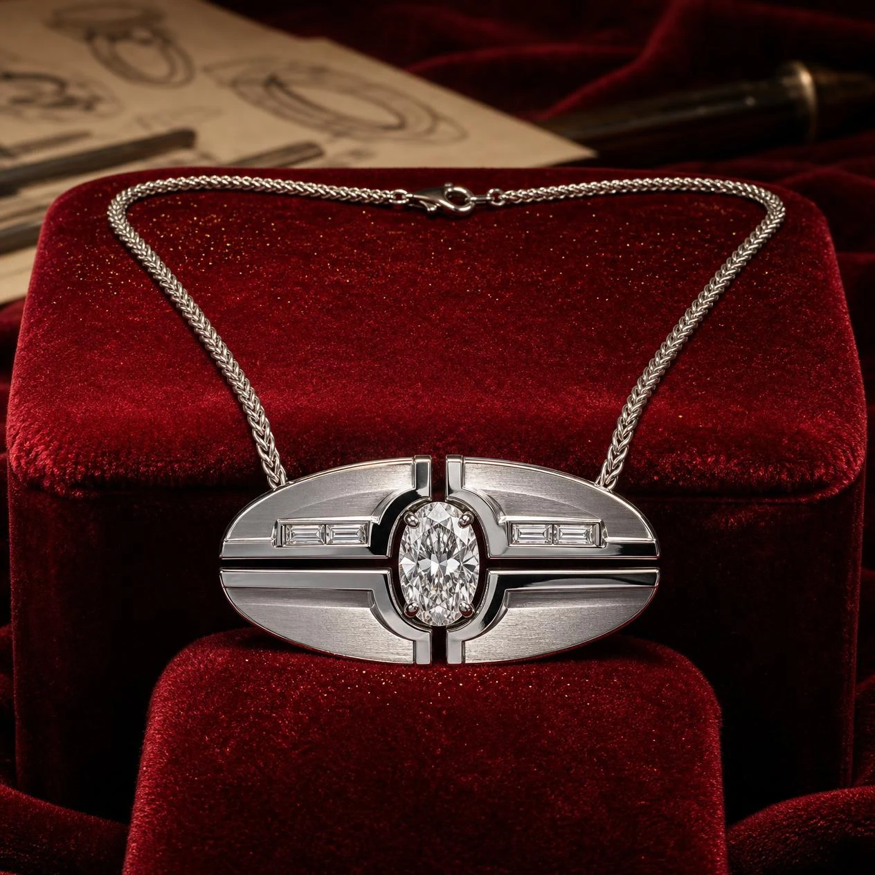 Viandante d'Occidente, 2.62 ct tw oval lab grown diamond men’s necklace in 18K white gold (front view)