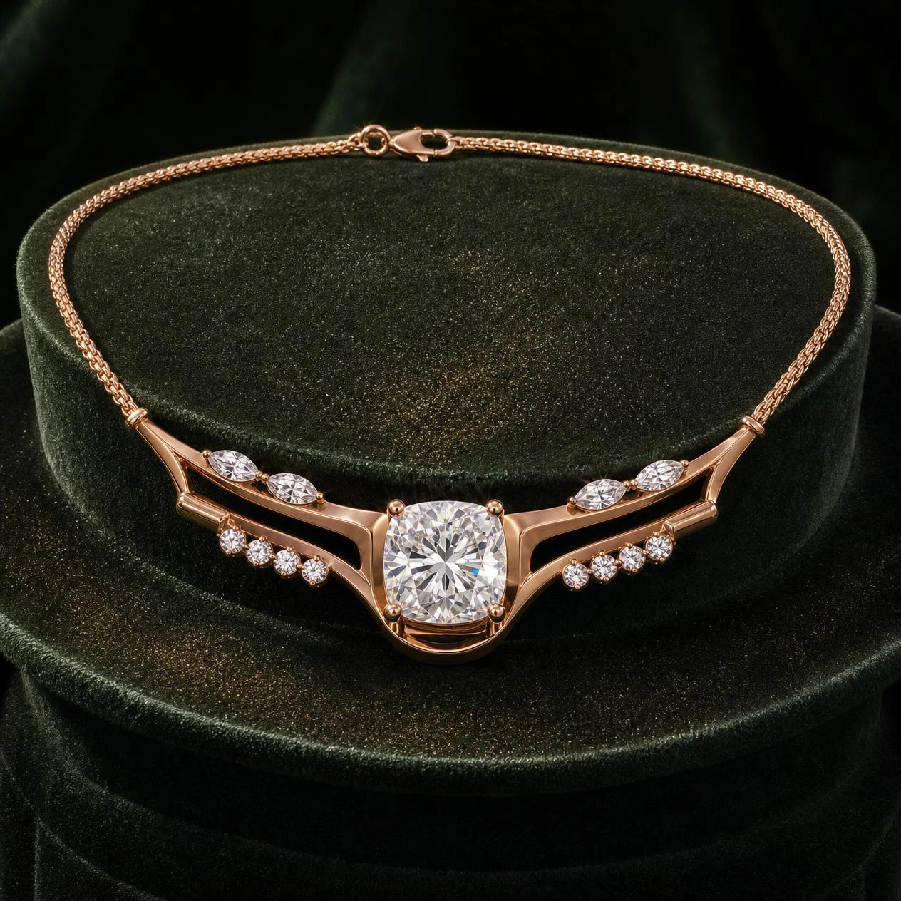 Poesia di Primavera, 2.86 ct tw cushion lab grown diamond necklace in rose gold (front view)