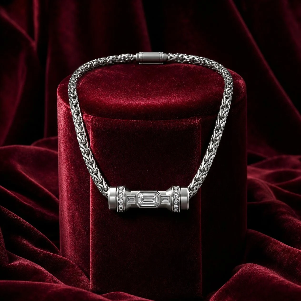 Gaétan de Cuivre, 2.86 ct tw emerald lab grown diamond men’s necklace in platinum (front view)