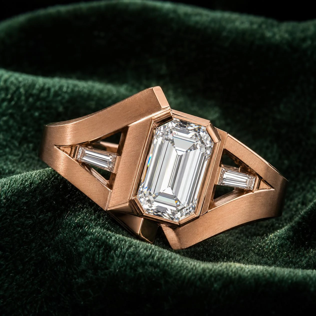 Eterna Incantata, 2.52 ct tw emerald lab grown diamond ring in rose gold (front view)
