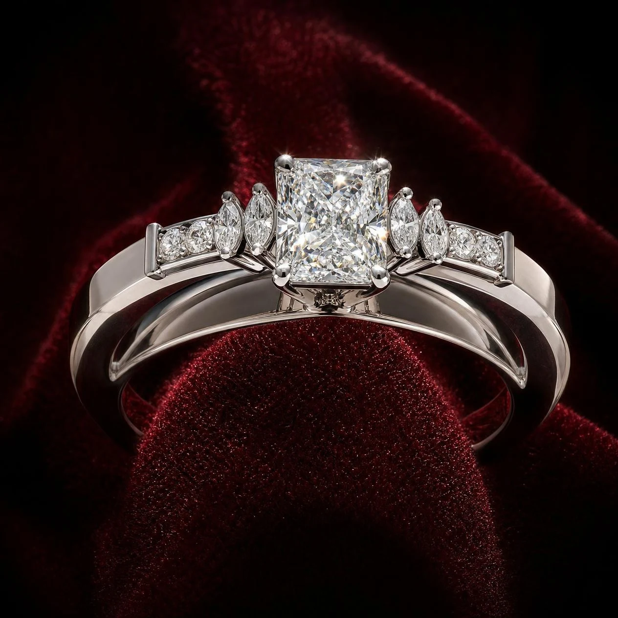 Sole Suspendue, 2.94 ct tw radiant lab grown diamond ring in 18K white gold (front view)