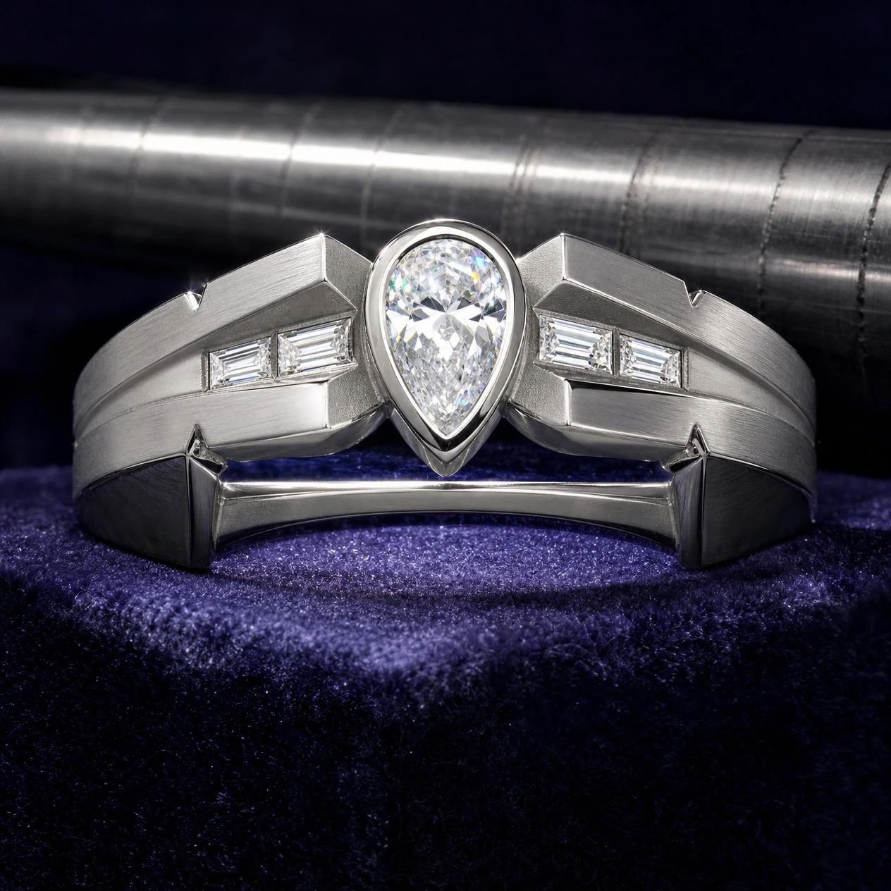 Polo di Ferro, 1.68 ct tw pear lab grown diamond men’s ring in 18K white gold (front view)