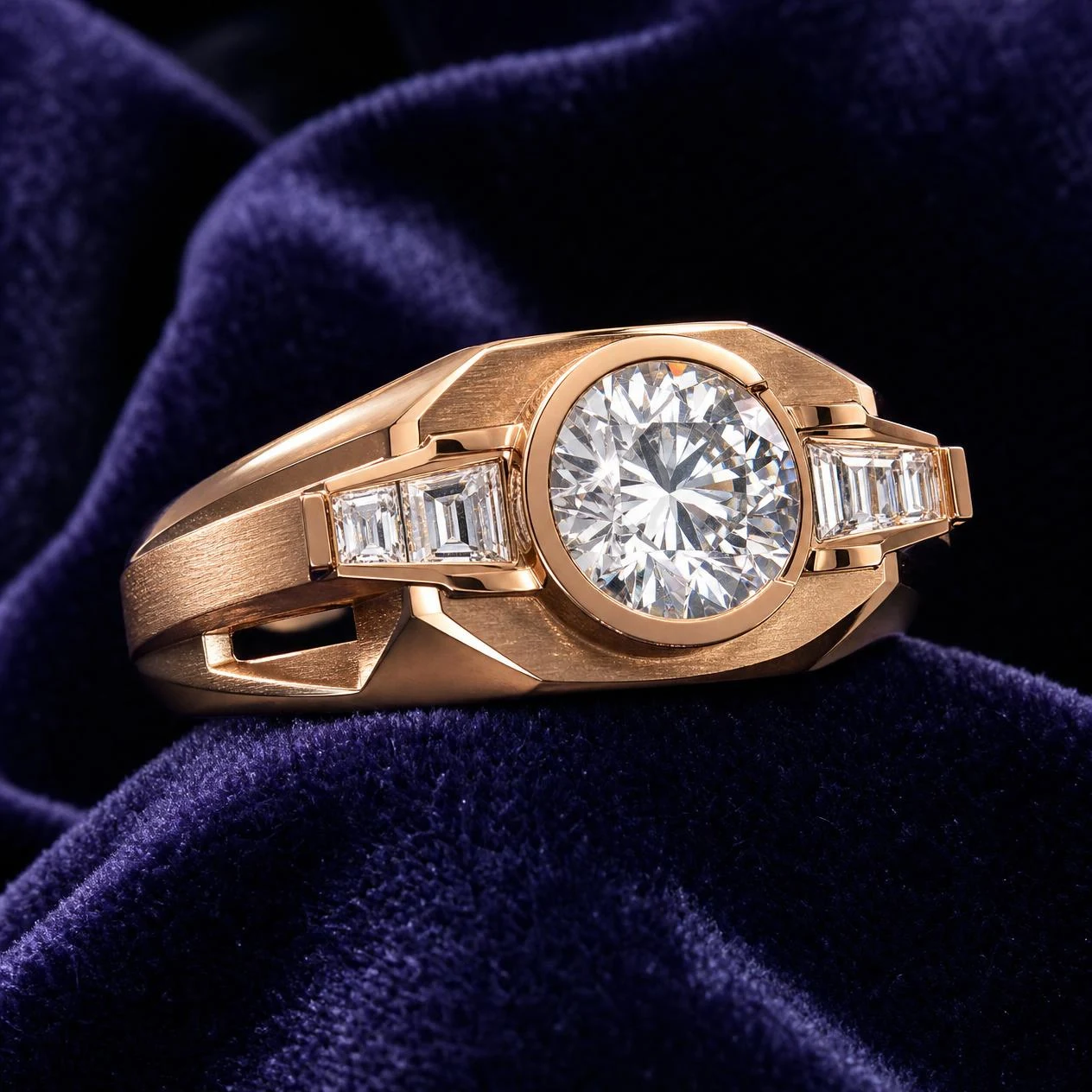 Console del Nord, 1.38 ct tw round lab grown diamond men’s ring in rose gold (front view)