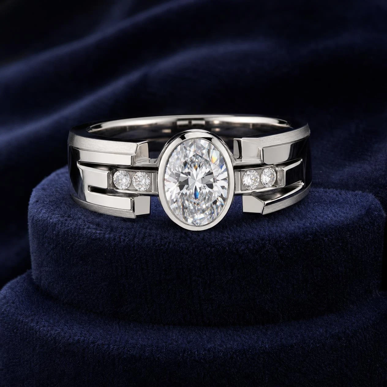 Guardiano Profondo, 1.98 ct tw oval lab grown diamond men’s ring in 18K white gold (front view)