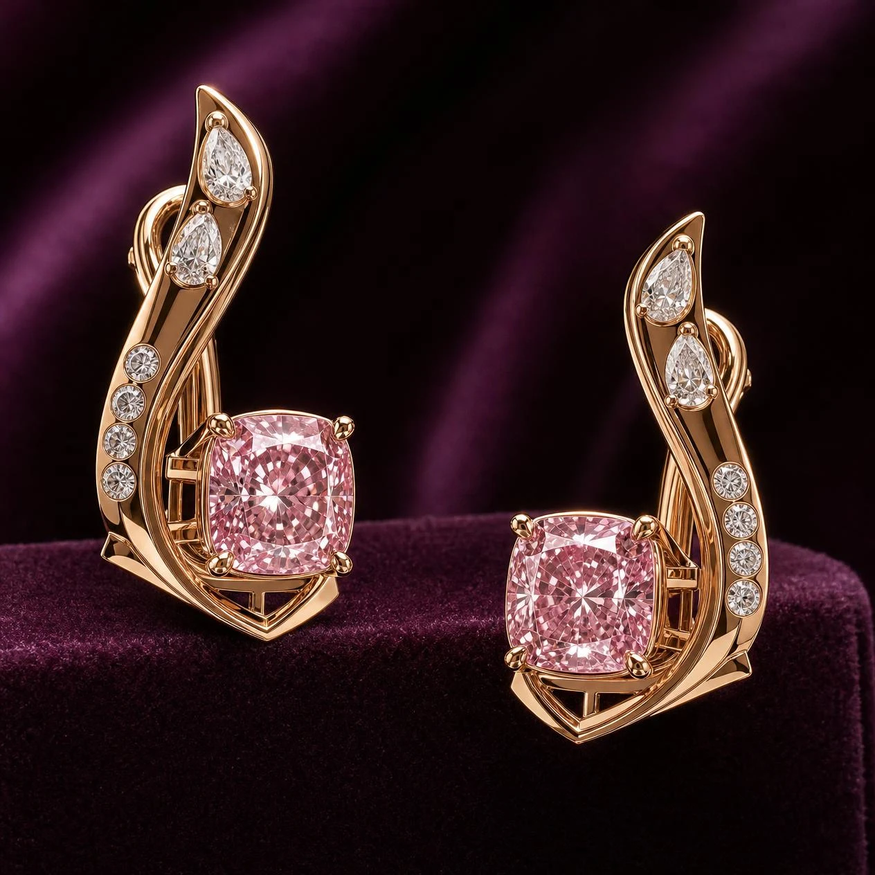 Sorgente Celata, 5.64 ct tw cushion lab grown diamond earrings in rose gold (front view)