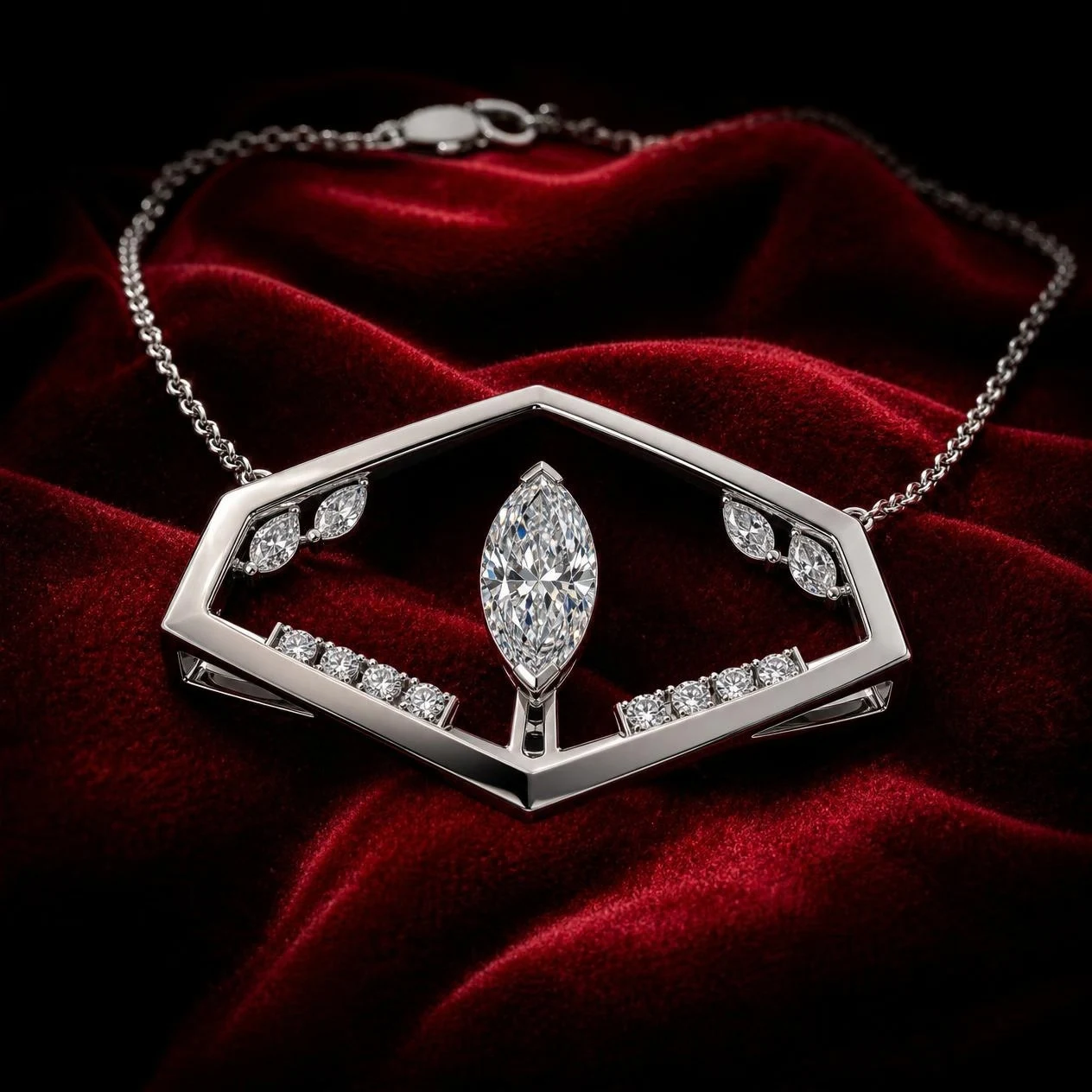 Ondine Voilée, 3.14 ct tw marquise lab grown diamond necklace in 18K white gold (front view)