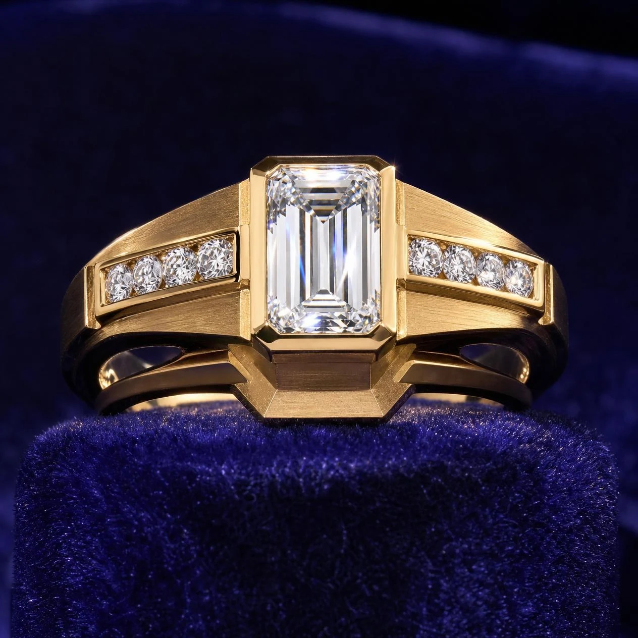 Leone Eterno, 2.1 ct tw emerald lab grown diamond men’s ring in 18K yellow gold (front view)