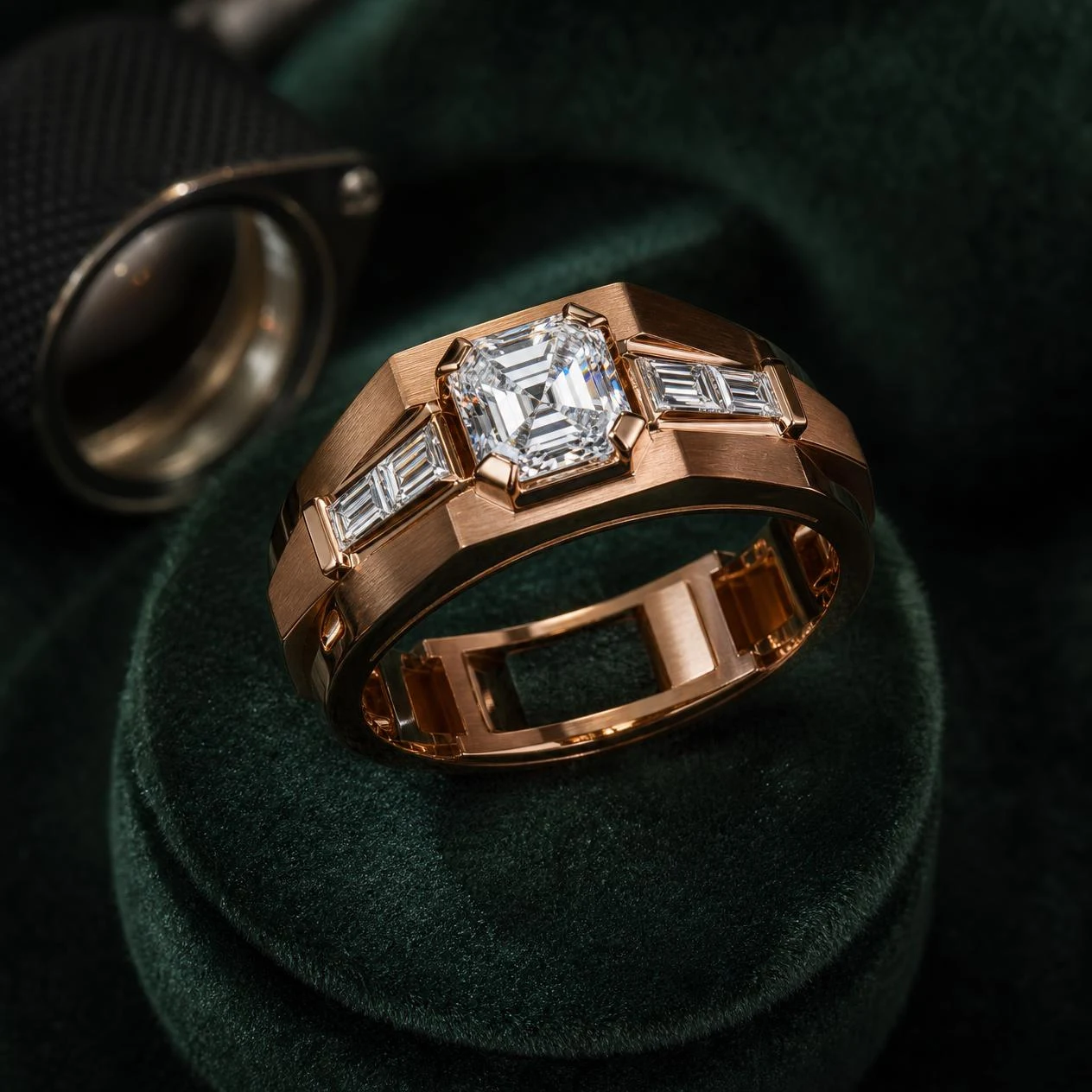 Esploratore Tenace, 2.62 ct tw asscher lab grown diamond men’s ring in rose gold (front view)