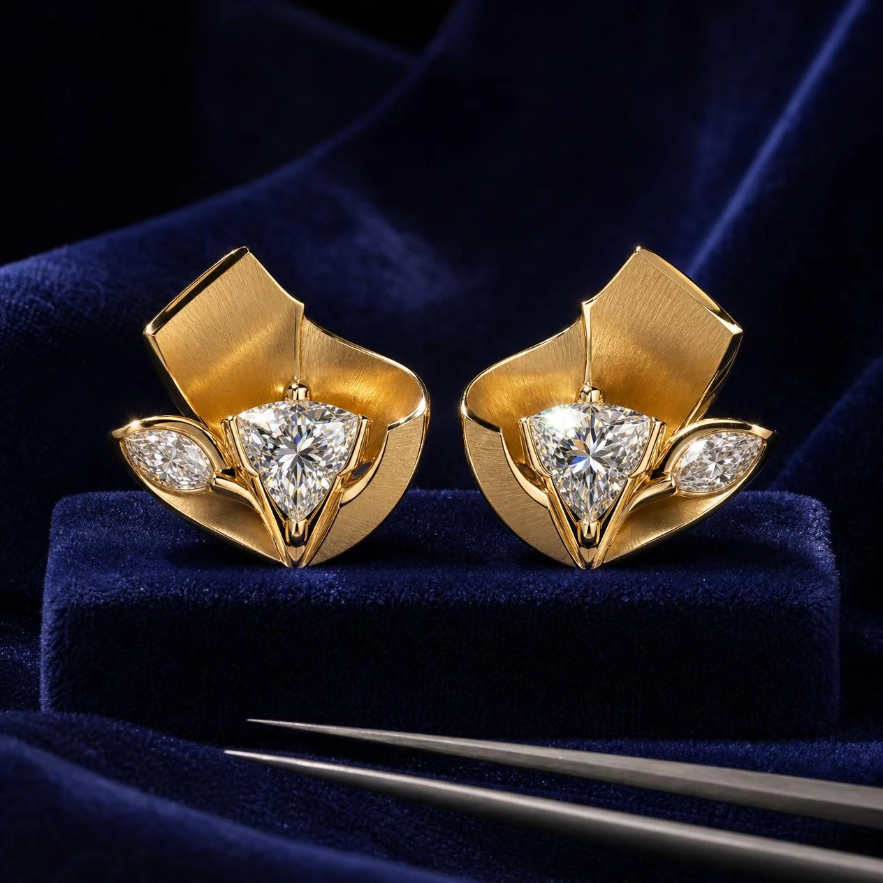Rosa Preziosa, 5.12 ct tw trillion lab grown diamond earrings in 18K yellow gold (front view)