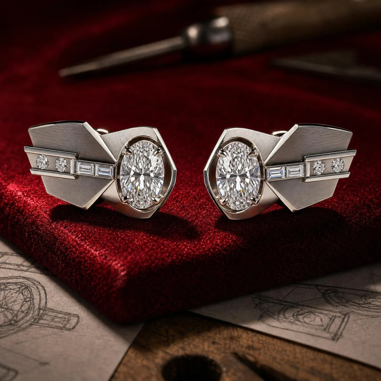 Lampo di Platino, 4.56 ct tw oval lab grown diamond men’s earrings in 18K white gold (front view)