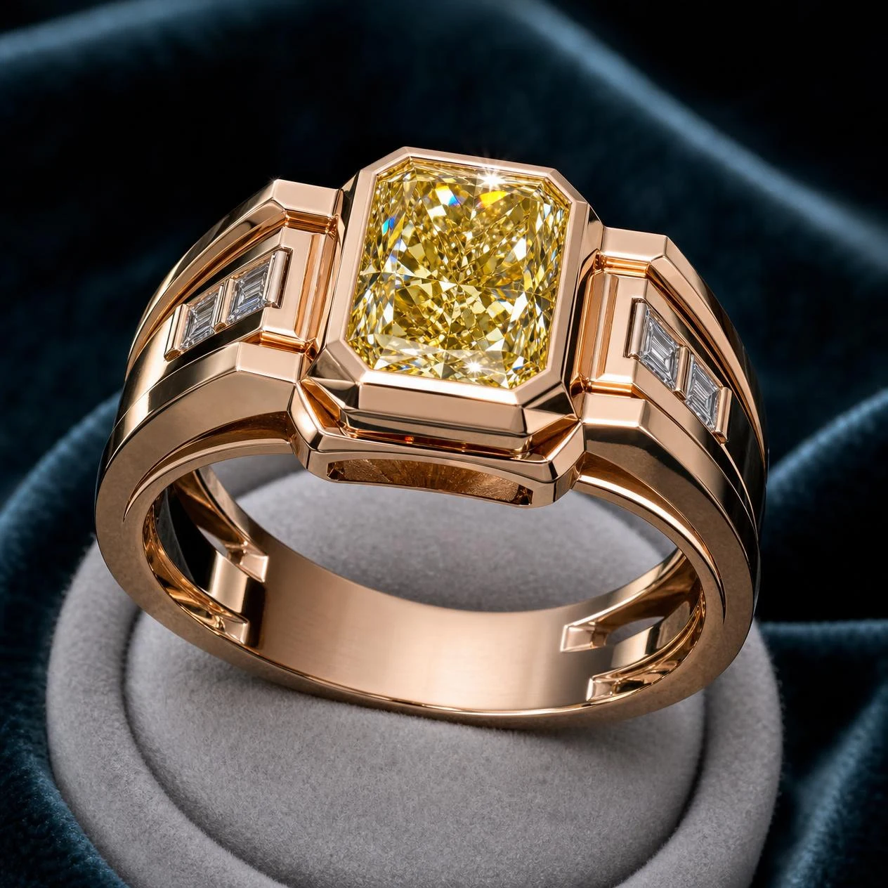 Lancia di Venezia, 1.7 ct tw radiant lab grown diamond men’s ring in rose gold (front view)