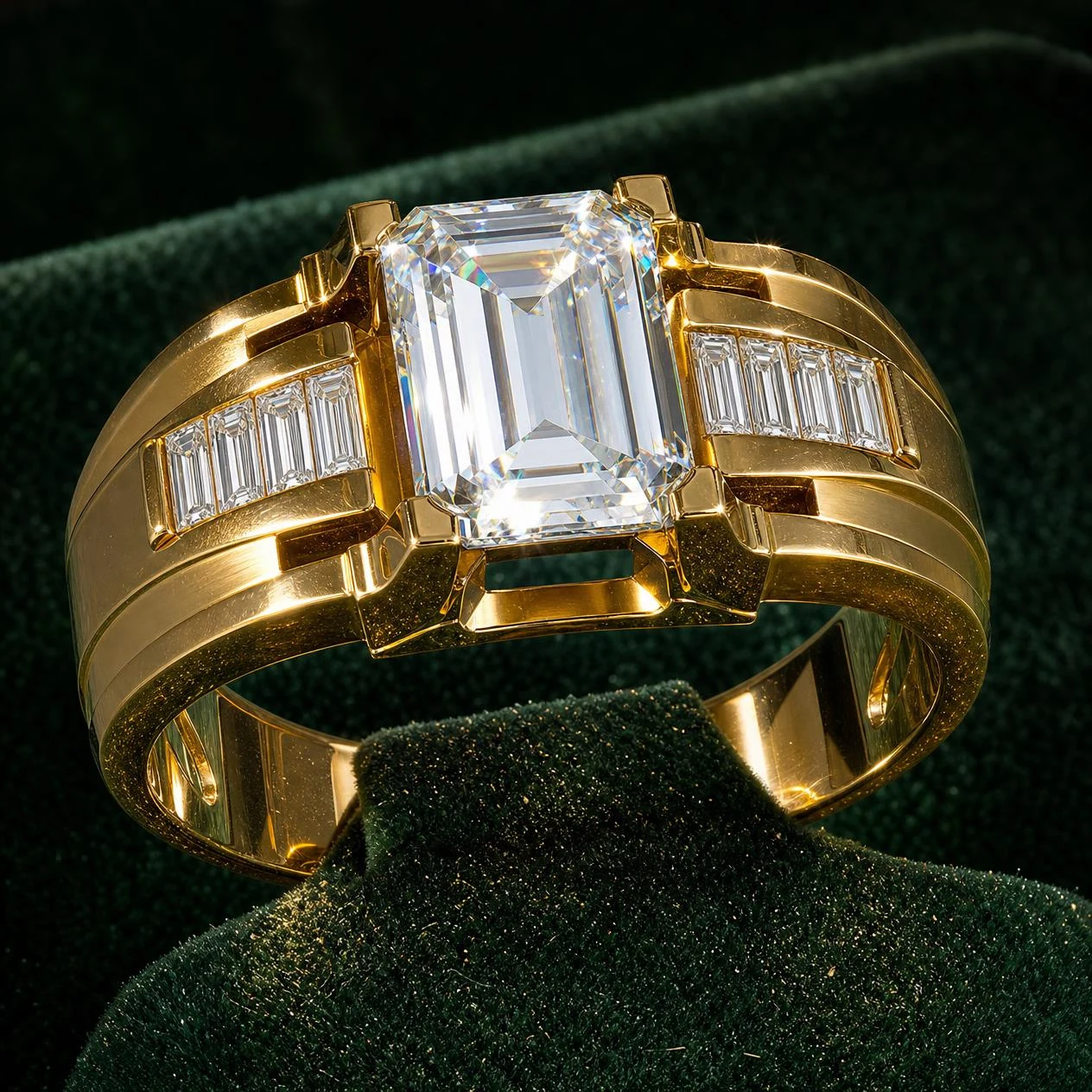 Faro Fermo, 2.48 ct tw emerald lab grown diamond men’s ring in 18K yellow gold (front view)