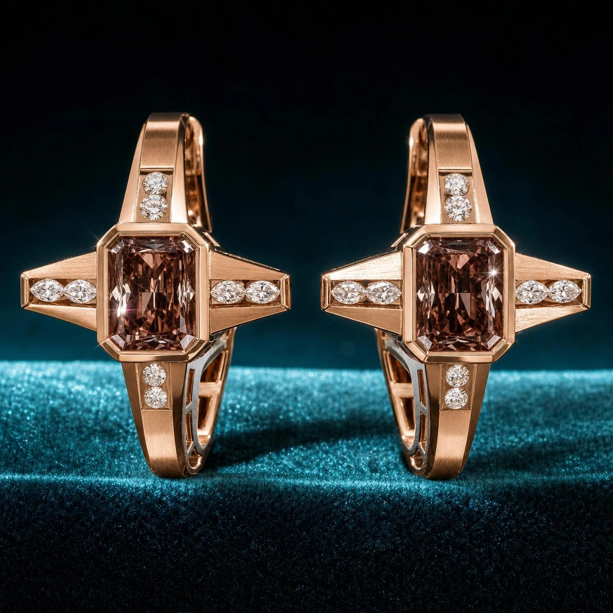 Lira di Perla, 3.56 ct tw radiant lab grown diamond earrings in rose gold (front view)