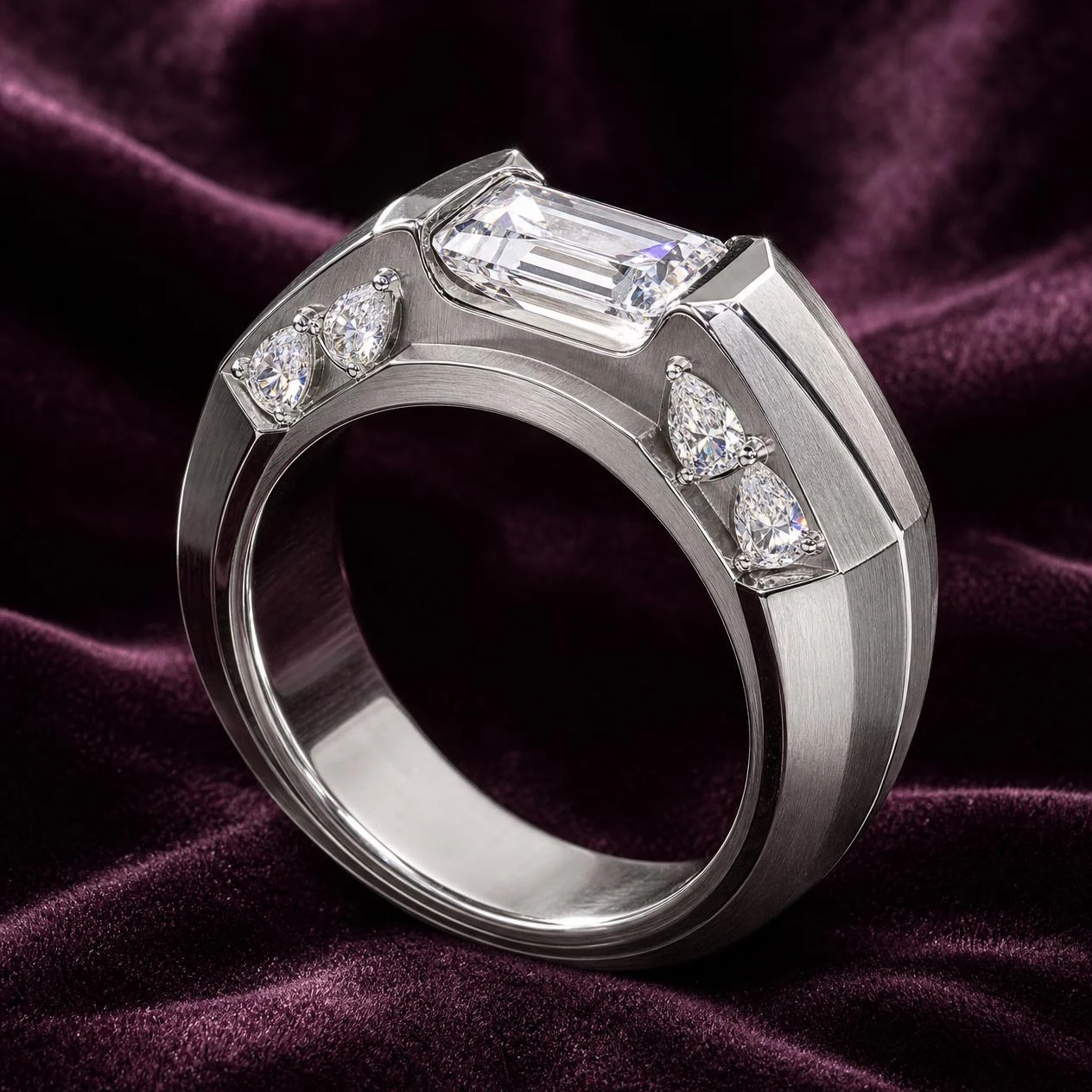 Capitano Indomito, 2.12 ct tw baguette lab grown diamond men’s ring in 18K white gold (front view)