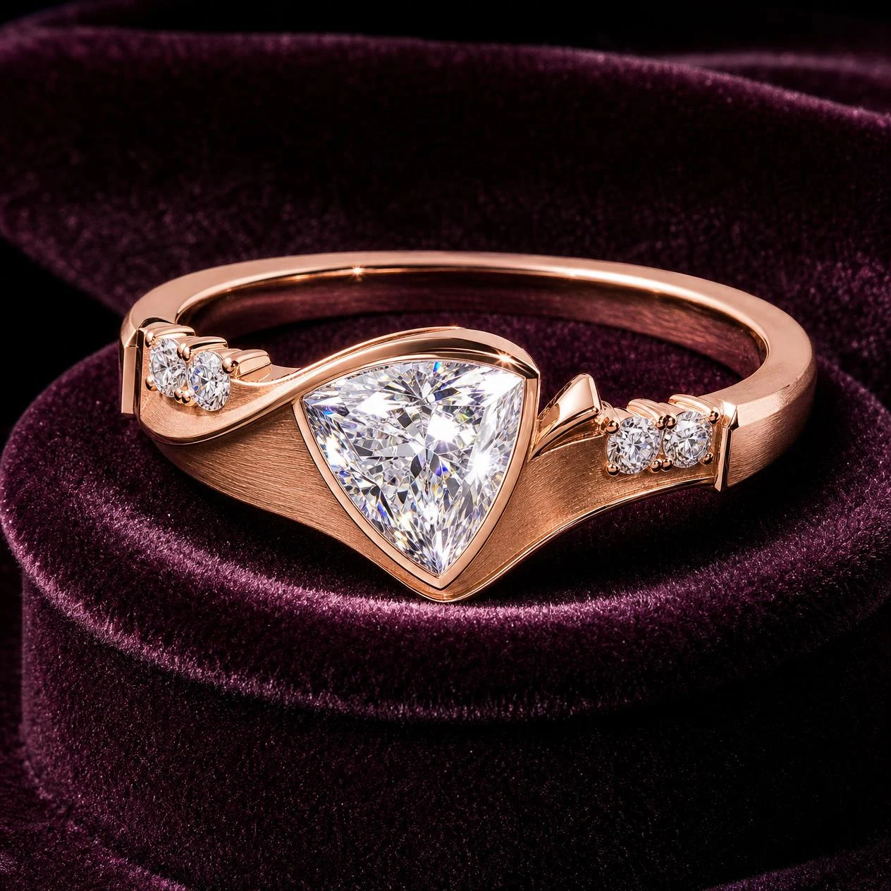 Grazia d'Estate, 2.28 ct tw trillion lab grown diamond ring in rose gold (front view)
