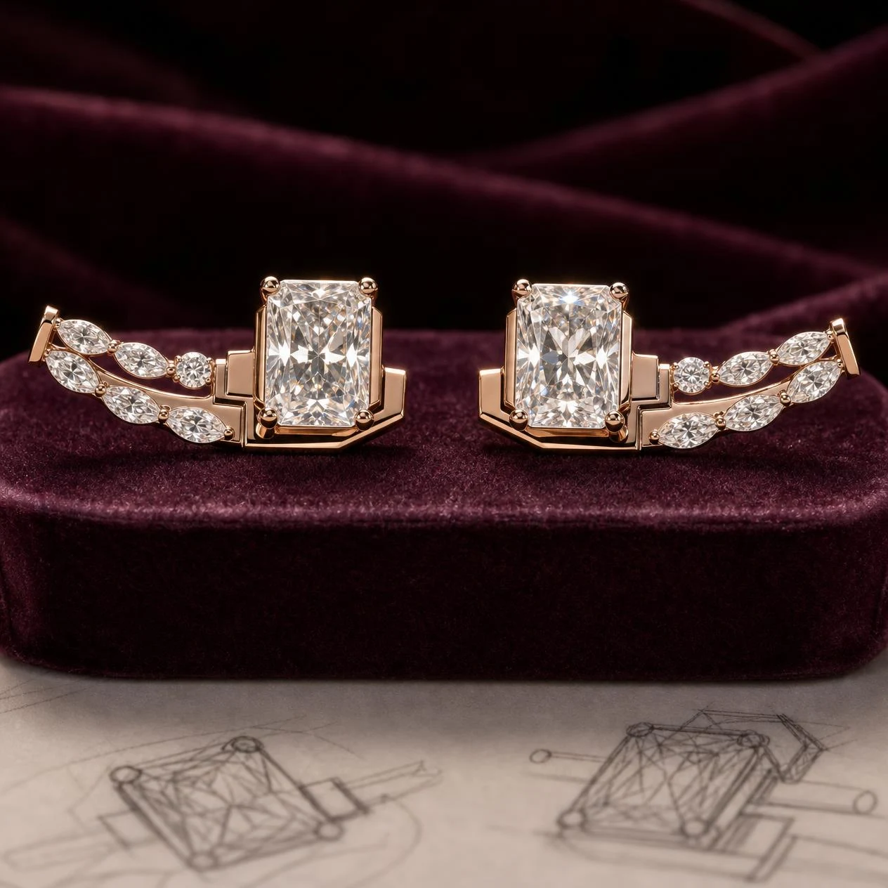 Cielo d'Oro, 3.56 ct tw radiant lab grown diamond earrings in rose gold (front view)