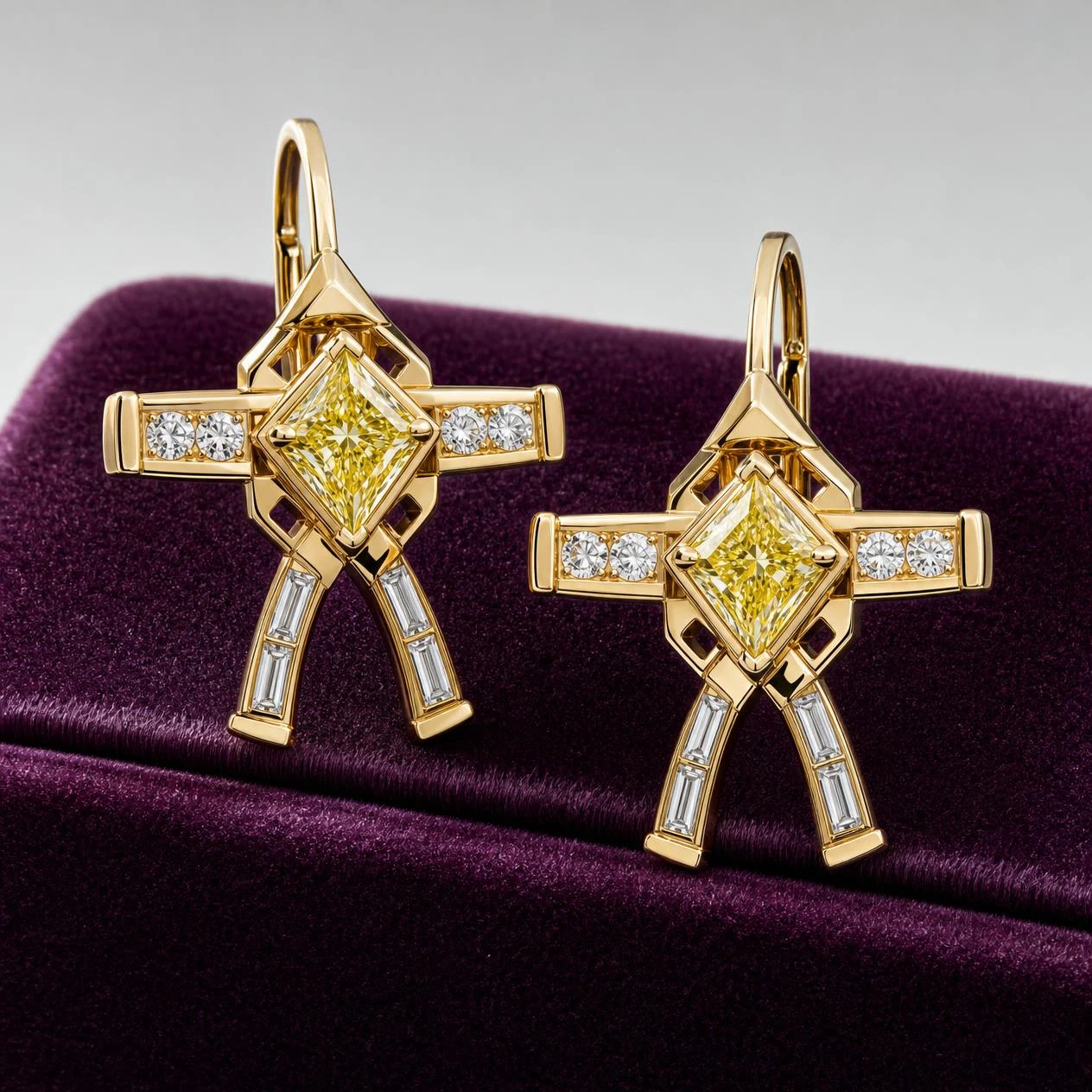 Viola d'Autunno, 5.28 ct tw kite lab grown diamond earrings in 18K yellow gold (front view)