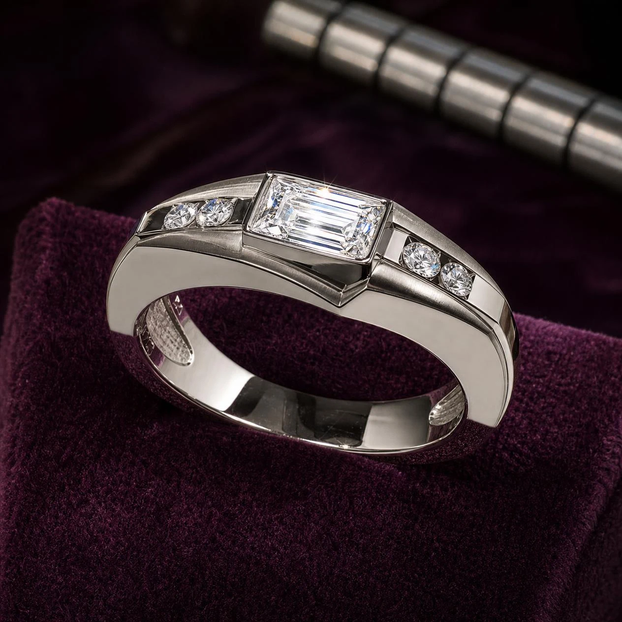 Pellegrino Nobile, 1.98 ct tw baguette lab grown diamond men’s ring in 18K white gold (front view)