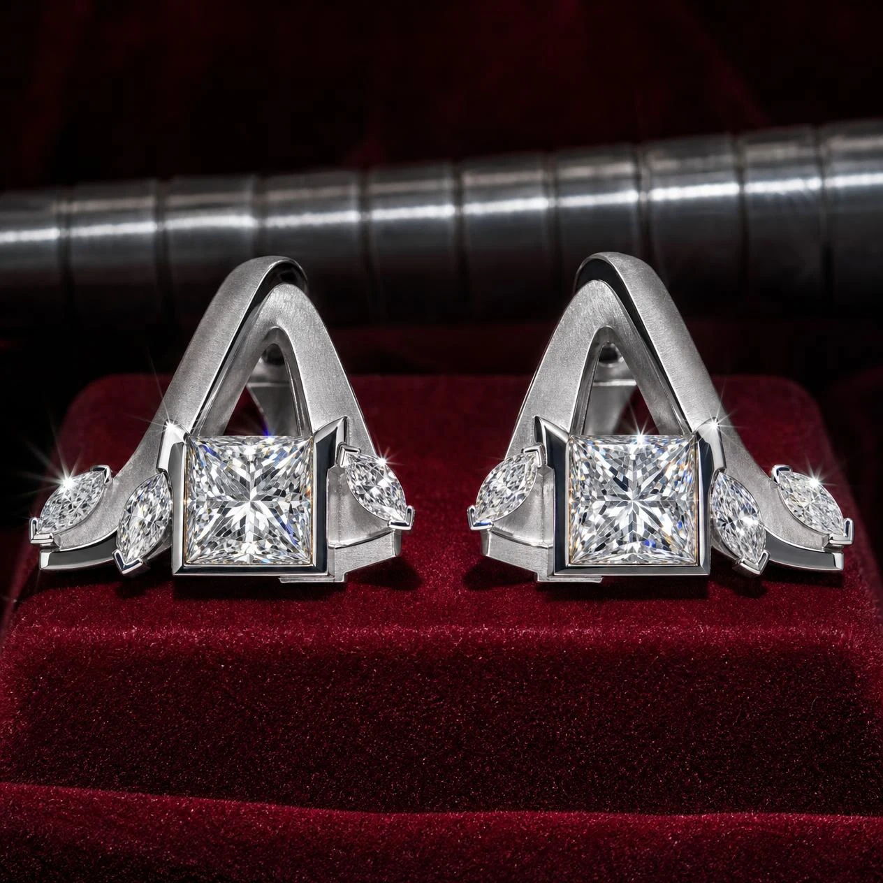 Alba Incantata, 4.8 ct tw princess lab grown diamond earrings in 18K white gold (front view)