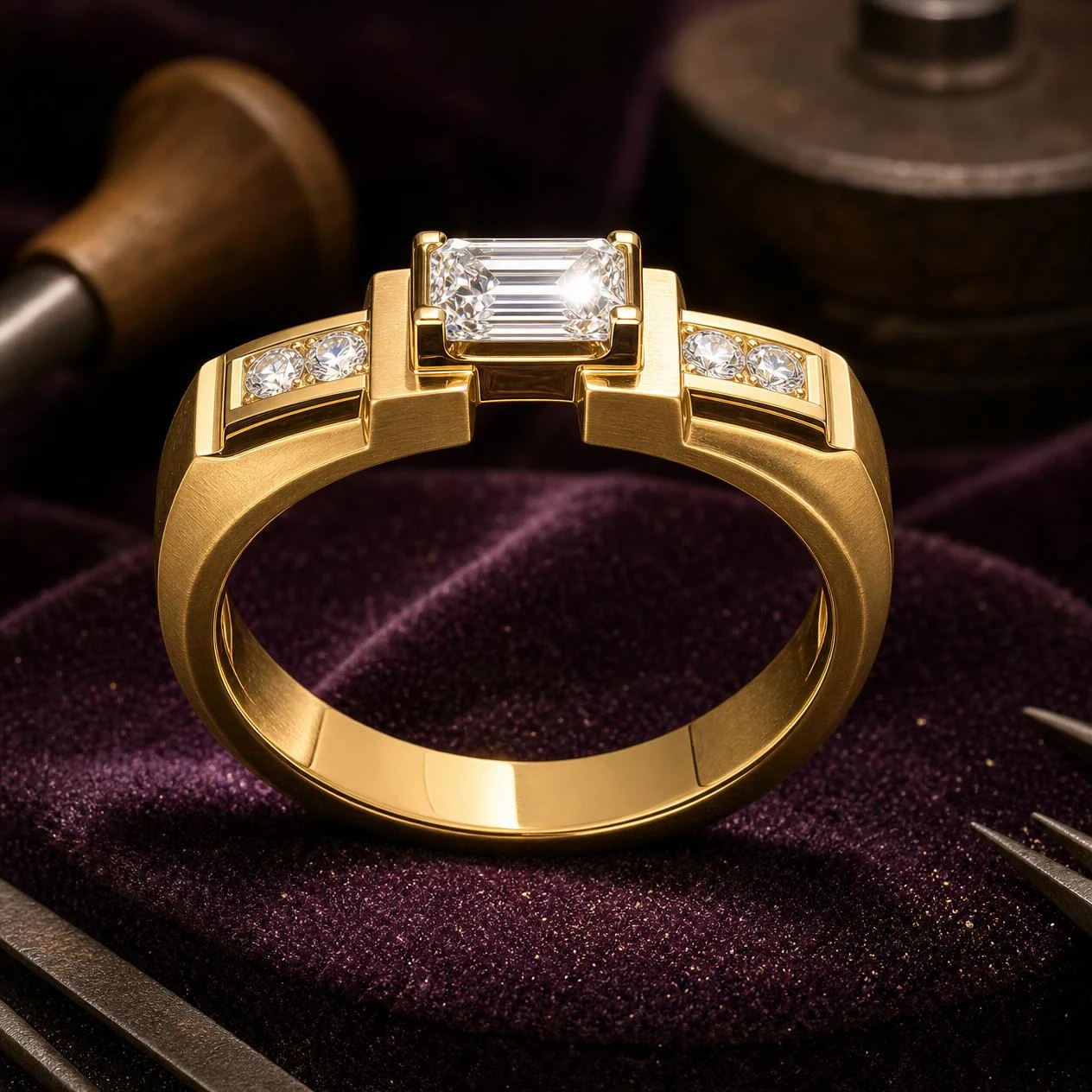 Elmo Profondo, 1.74 ct tw emerald lab grown diamond men’s ring in 18K yellow gold (front view)