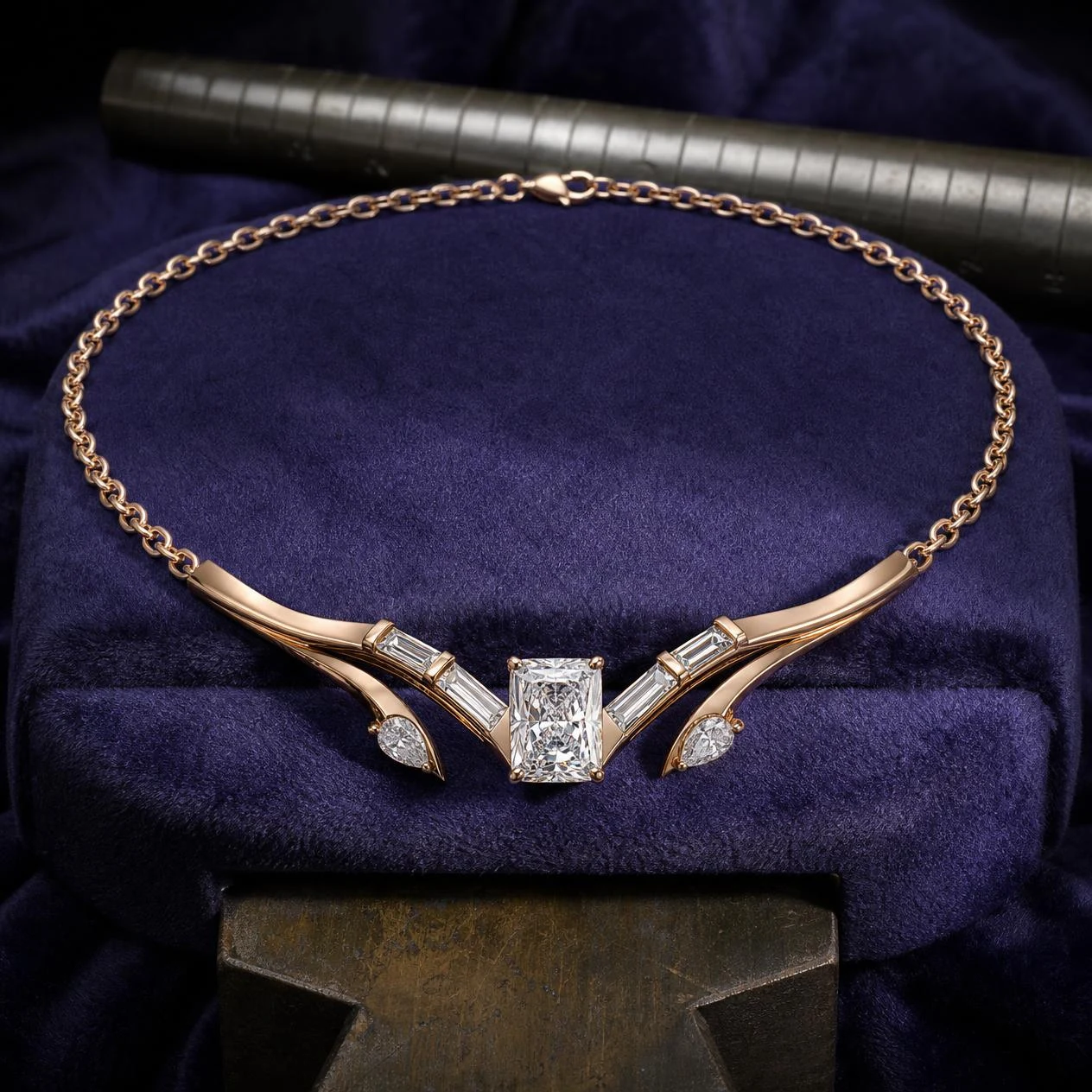 Flamme Brillante, 2.44 ct tw radiant lab grown diamond necklace in rose gold (front view)