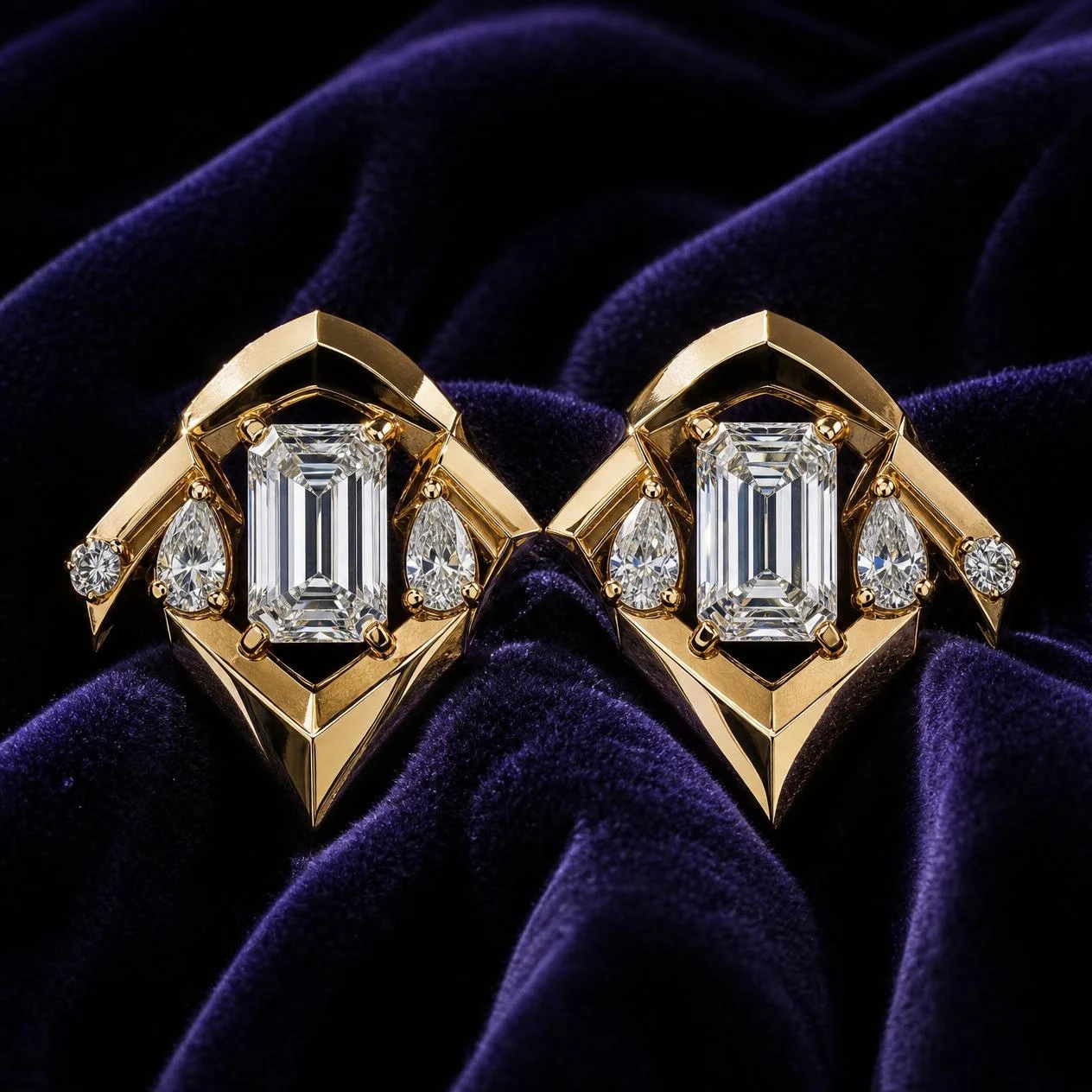 Comandante Audace, 3.52 ct tw emerald lab grown diamond men’s earrings in 18K yellow gold (front view)