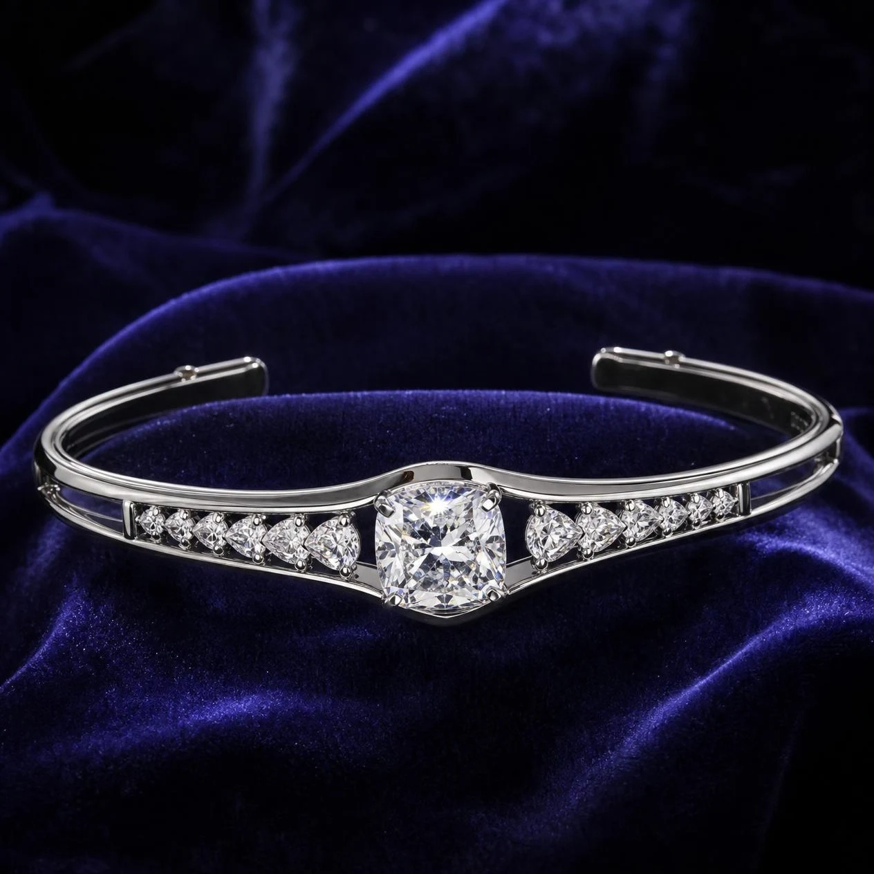 Rive di Seta, 3.24 ct tw cushion lab grown diamond bracelet in 18K white gold (front view)