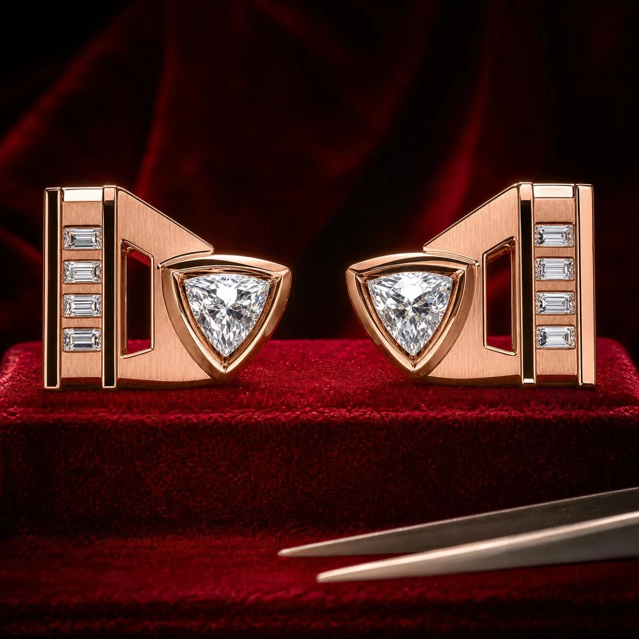 Marchese Oscuro, 6.08 ct tw trillion lab grown diamond men’s earrings in rose gold (front view)