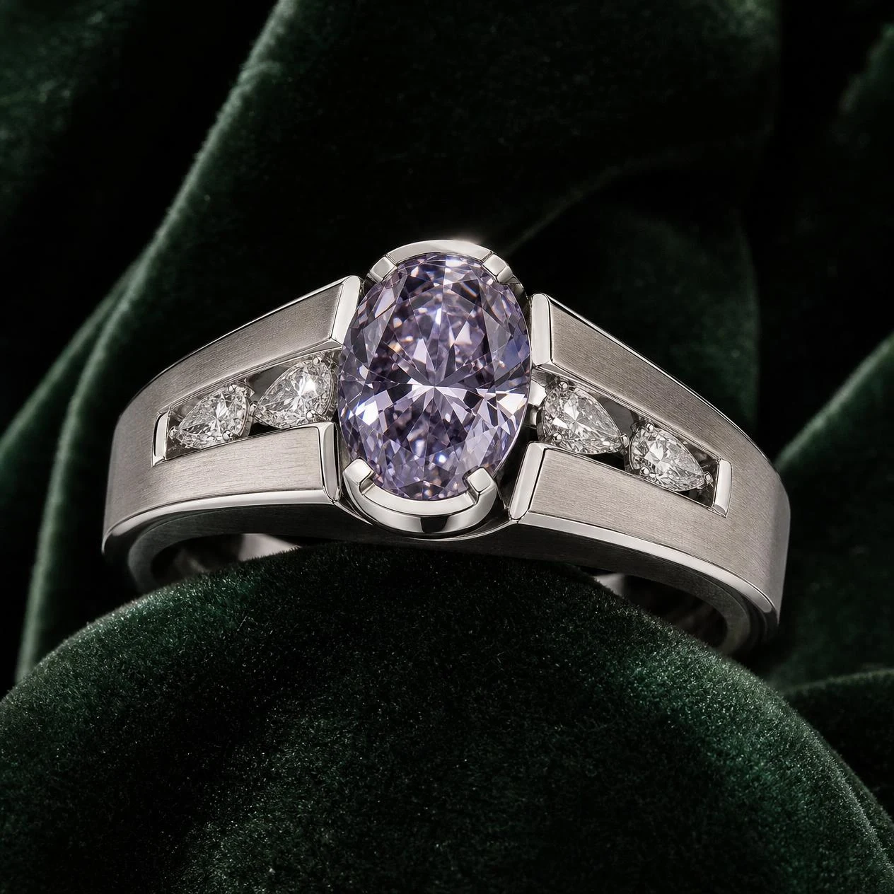 Maestro di Granito, 2.85 ct tw oval lab grown diamond men’s ring in 18K white gold (front view)