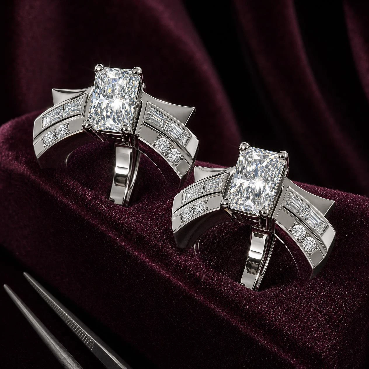 Nuvola Brillante, 3.56 ct tw radiant lab grown diamond earrings in 18K white gold (front view)