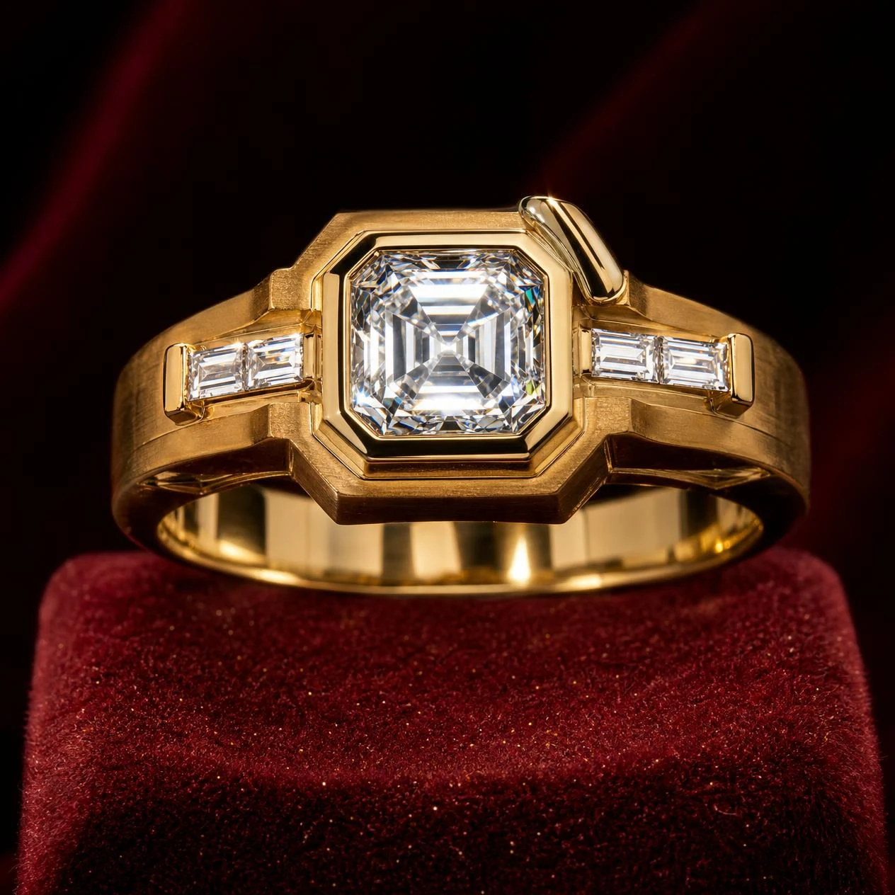Cratere Maestoso, 1.68 ct tw asscher lab grown diamond men’s ring in 18K yellow gold (front view)