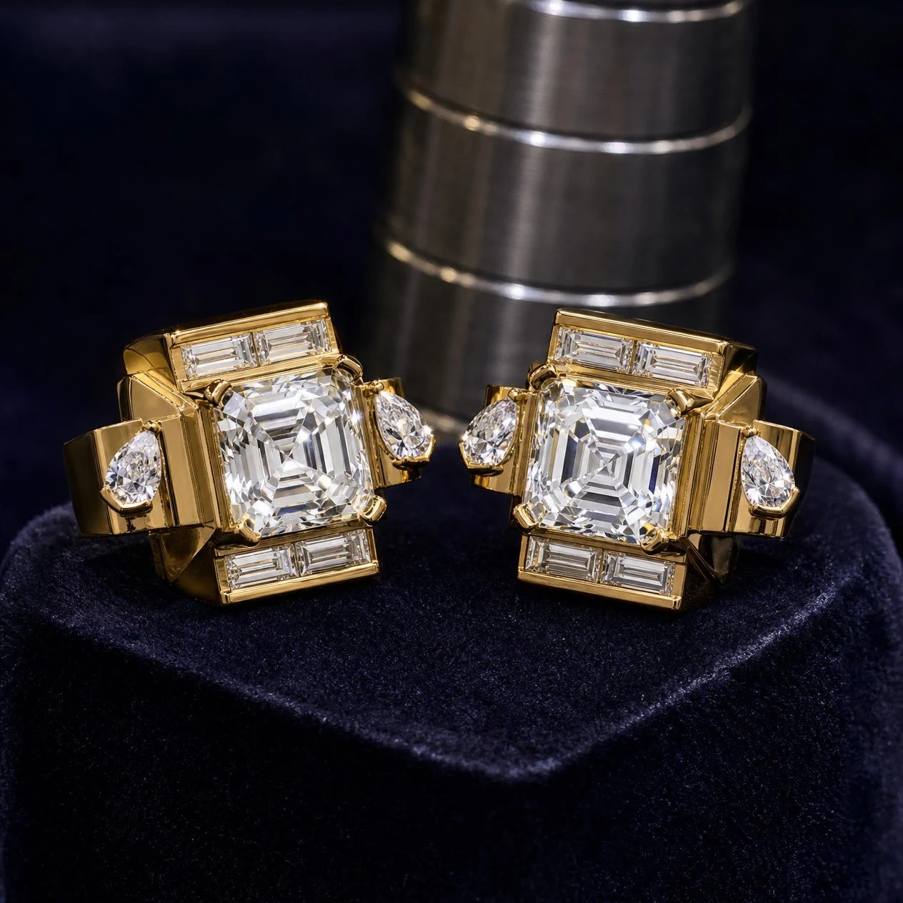 Glaciale Supremo, 3.52 ct tw asscher lab grown diamond men’s earrings in 18K yellow gold (front view)