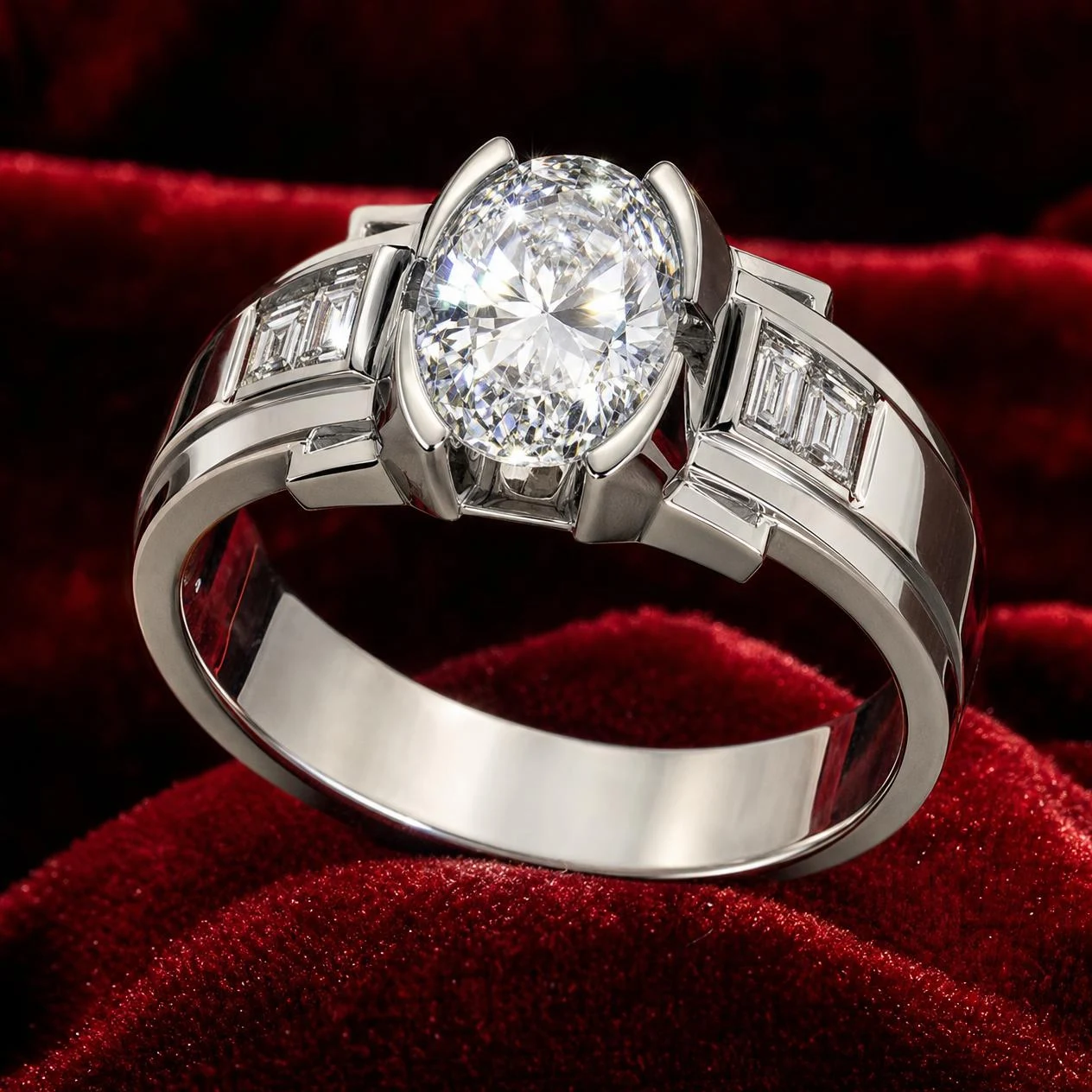Condottiero Eterno, 2.28 ct tw oval lab grown diamond men’s ring in 18K white gold (front view)