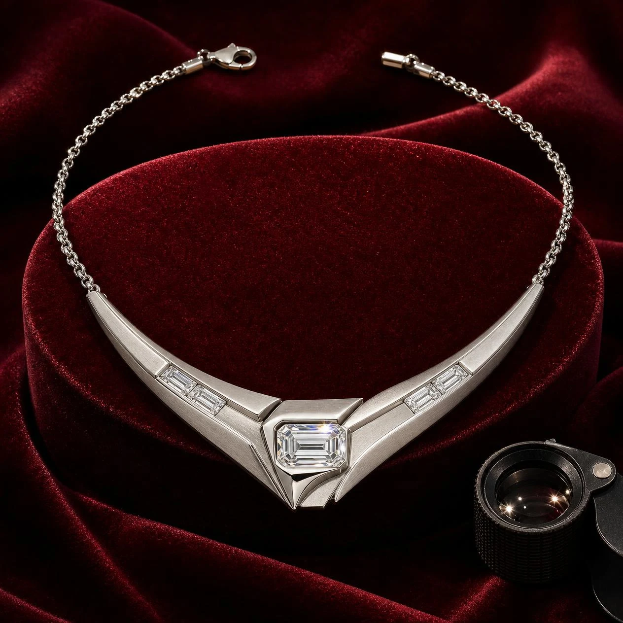 Lira Soave, 2.81 ct tw baguette lab grown diamond necklace in 18K white gold (front view)