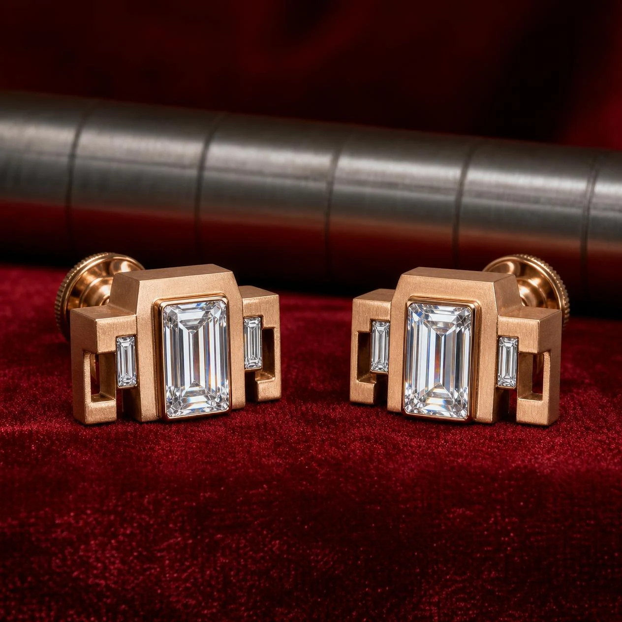 Cratere Eterno, 4.2 ct tw baguette lab grown diamond men’s earrings in rose gold (front view)