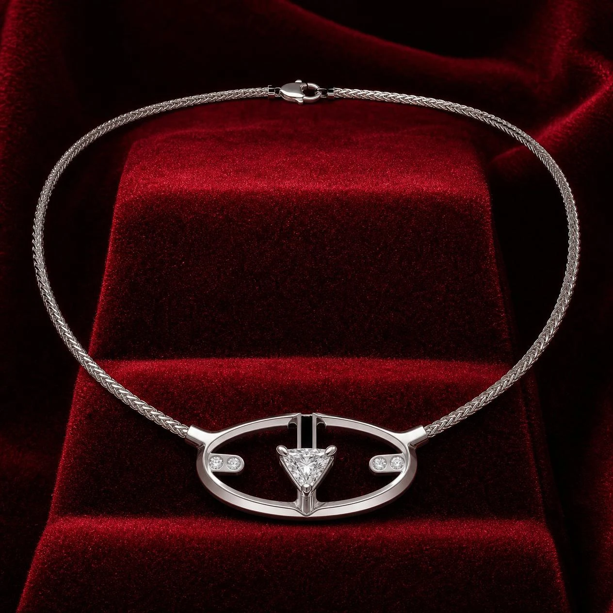Lancia Nero, 1.82 ct tw trillion lab grown diamond men’s necklace in 18K white gold (front view)