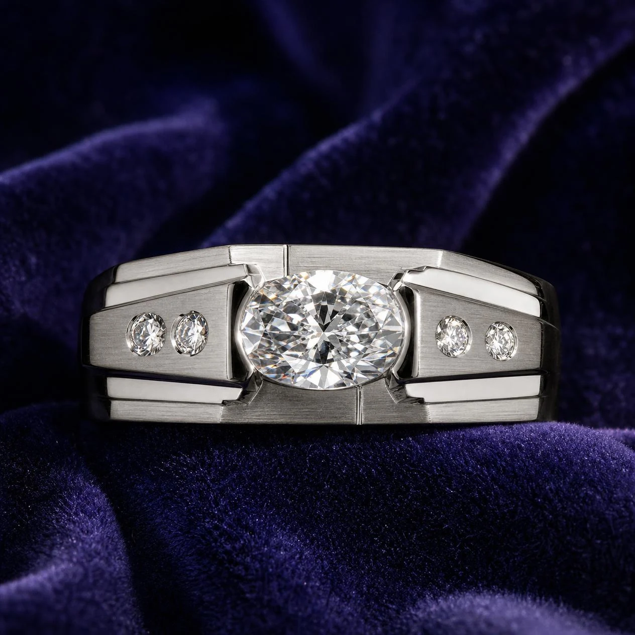 Zenit di Ferro, 1.18 ct tw oval lab grown diamond men’s ring in 18K white gold (front view)